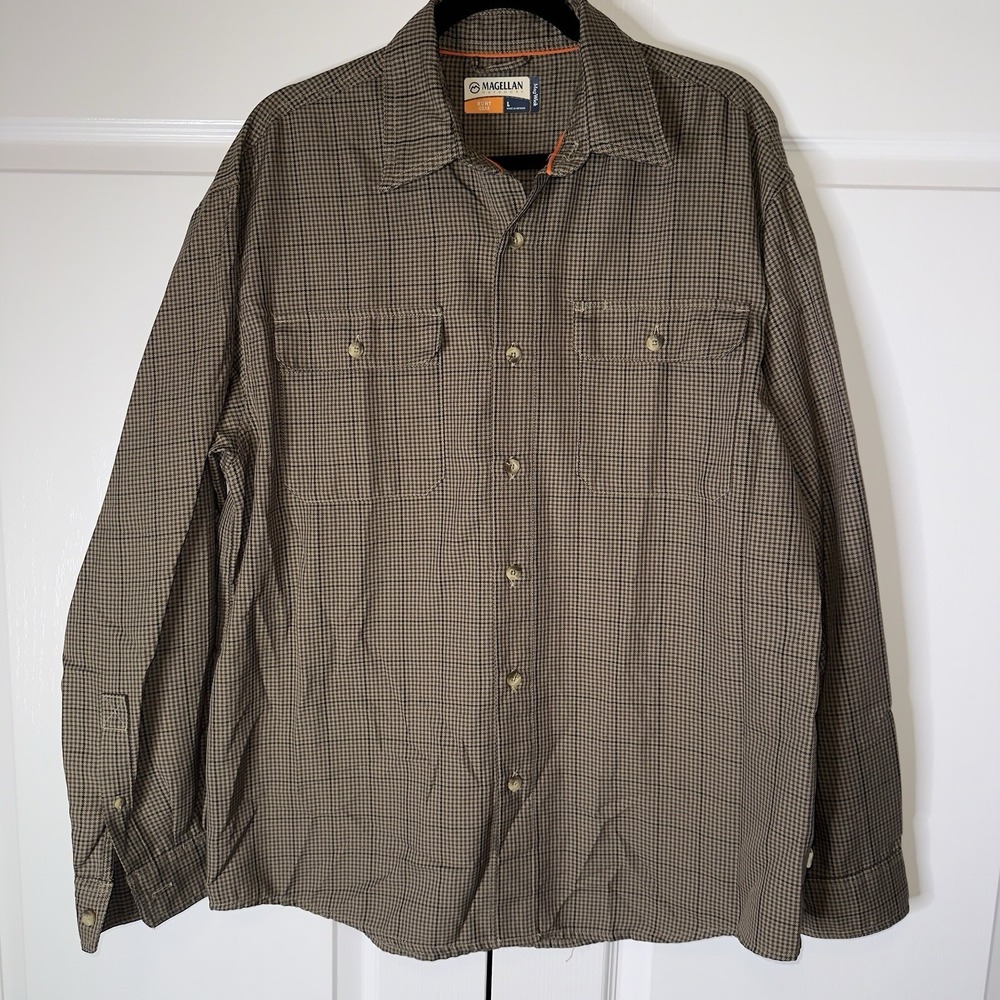Magellan Outdoors Shirt Mens Large Brown Check Long Sleeve‎ Button Up Hunt Gear